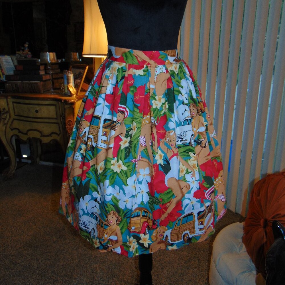 Grace Karin Skirt Size 3XL Retro Pinup Woody Surfer Print Pleated Full Pockets